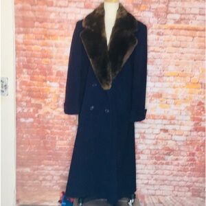 Vintage MCM Paul Levy Navy Blue Wool Maxi Trench Coat with Faux Fur Collar